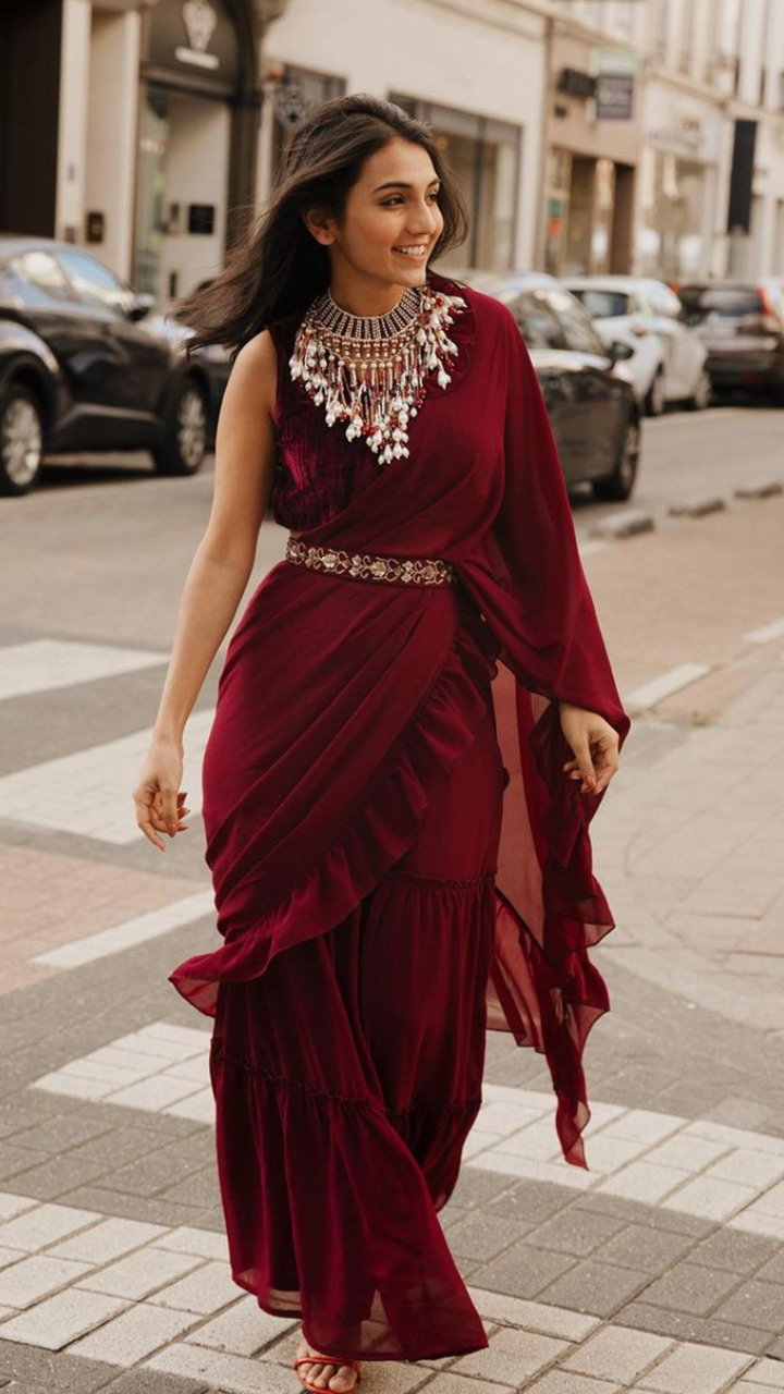 KALISTA Pre-draped saree : Buy KALISTA Anaisha Pre Draped Lehenga Saree  with Stitched Blouse Online | Nykaa Fashion